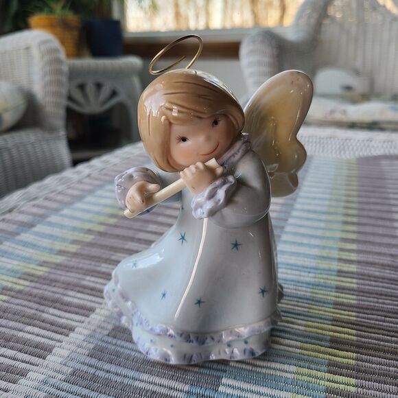 Vintage Heavenly Angel Figurine Playing Flute with Blue Star Accents Halo Wings - Picture 1 of 10